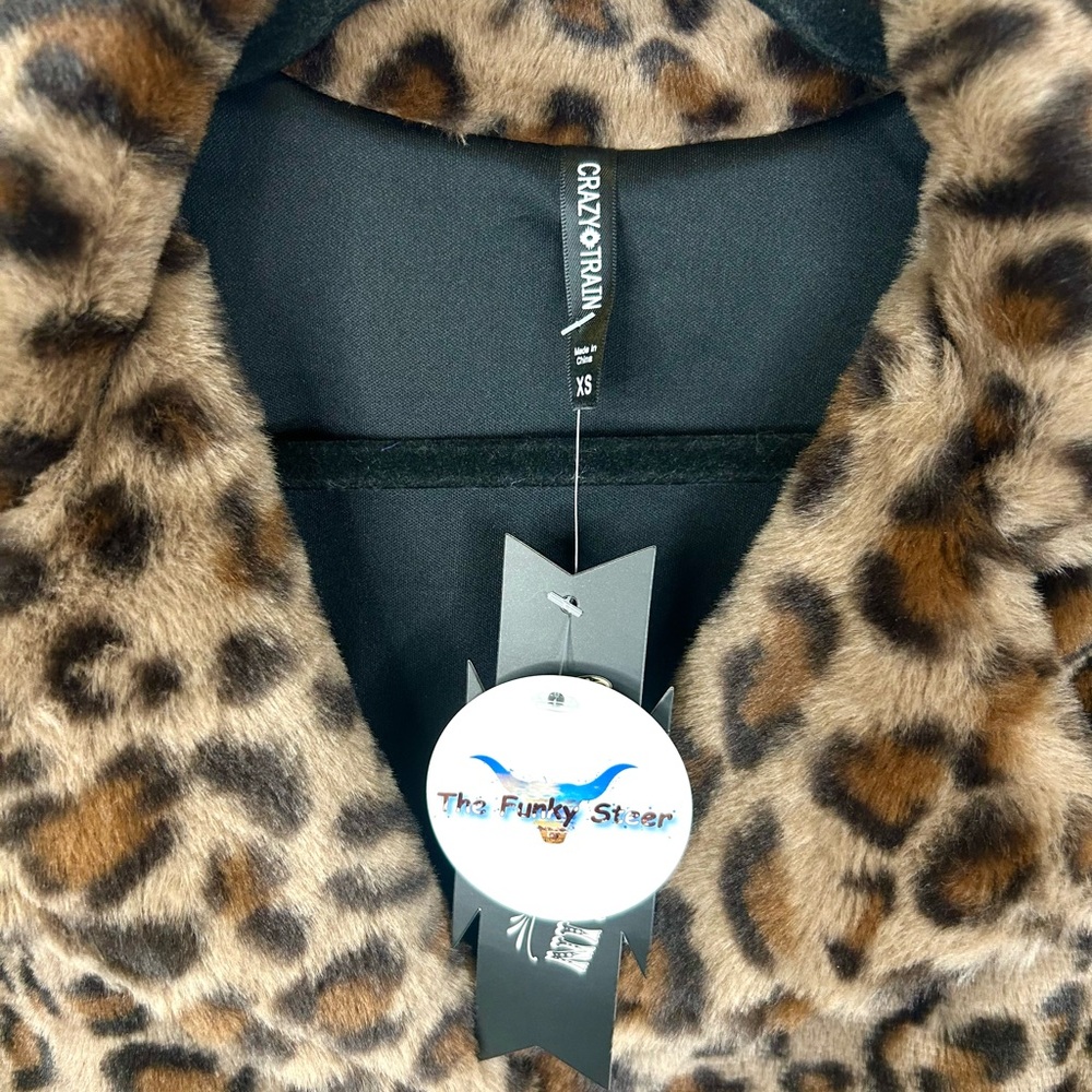 Crazy Train Leopard Print Leather Faux Fur Bomber Jacket Brown and Black New - Picture 10 of 11
